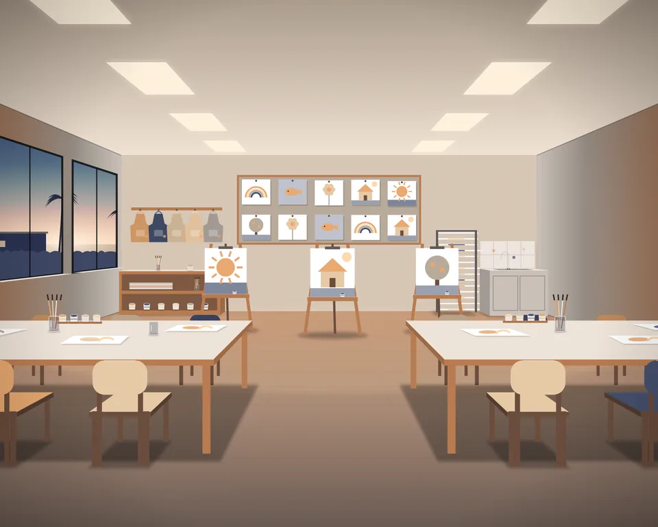Illustration: an empty primary-school art room at dusk, big shared tables with paper, brushes in jars and pots of paint, easels with children's paintings of a sun, a house and a tree, aprons on hooks, a drying rack and a sink
