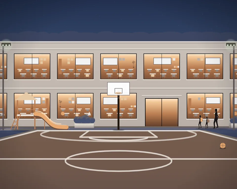 Illustration: a school at dusk seen from its basketball court, a two-storey teaching block with lit classrooms, a playground with a slide, and a parent walking two children with backpacks along the building