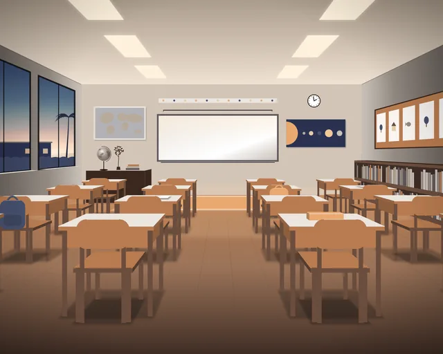 Illustration: an empty classroom at dusk seen from the back row, small desks with chairs tucked in and a few bags on them, a blank board, posters, low bookshelves, a teacher's desk with a globe, children's drawings and windows onto palms