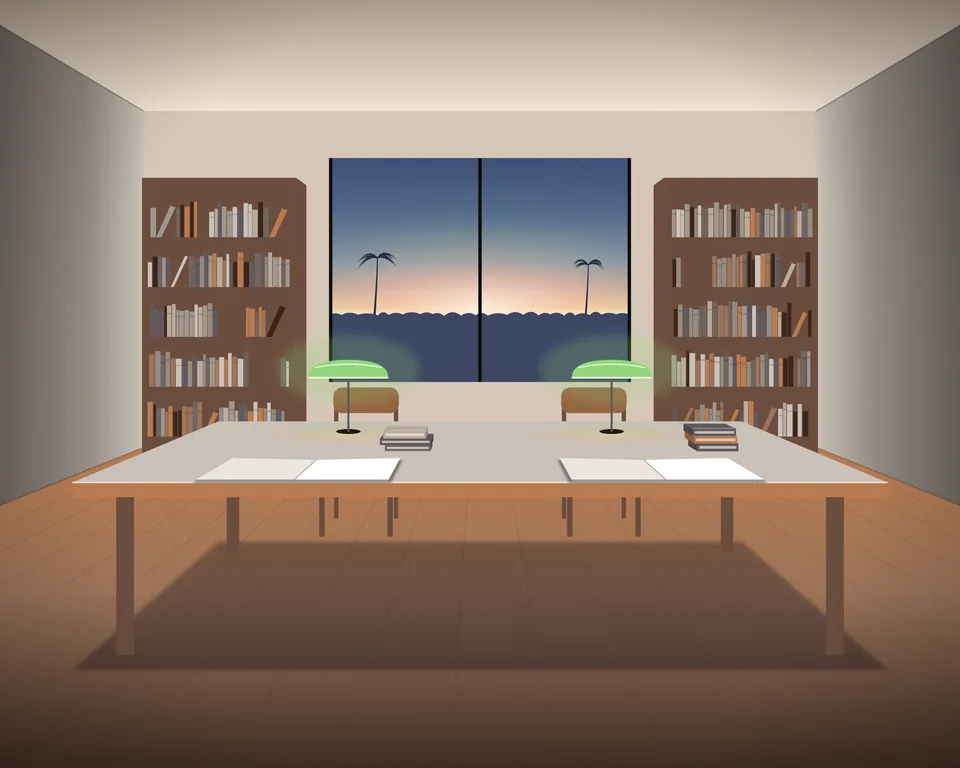 Illustration: two open books side by side on a school reading table, two green-shaded lamps, bookshelves and an evening sky through the window; nobody