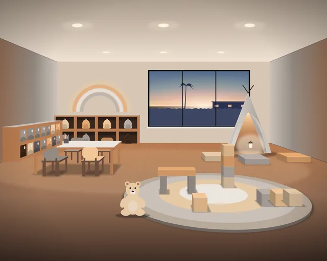 Illustration: an empty kindergarten room at dusk, building blocks and a teddy bear on a round play rug, a low table with tiny chairs, a small play tent lit from inside with floor cushions, cubbies with little backpacks and a wide window