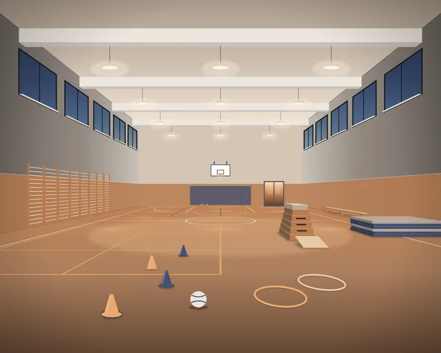Illustration: an empty indoor school sports hall at dusk, a wooden floor with court lines, a basketball hoop on the end wall, wall bars, a vaulting box, folded mats and a bench, high windows and warm lights
