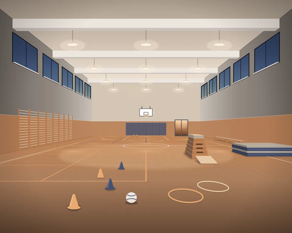Illustration: an empty indoor school sports hall at dusk, a wooden floor with court lines, a basketball hoop on the end wall, wall bars, a vaulting box, folded mats and a bench, high windows and warm lights