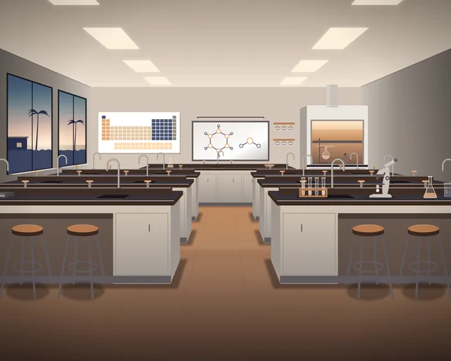 Illustration: an empty school science lab at dusk, long benches with dark worktops, taps and stools tucked in, a microscope and flasks on the nearest bench, a fume cupboard, safety goggles on hooks, a chart of the elements in coloured squares and a whiteboard