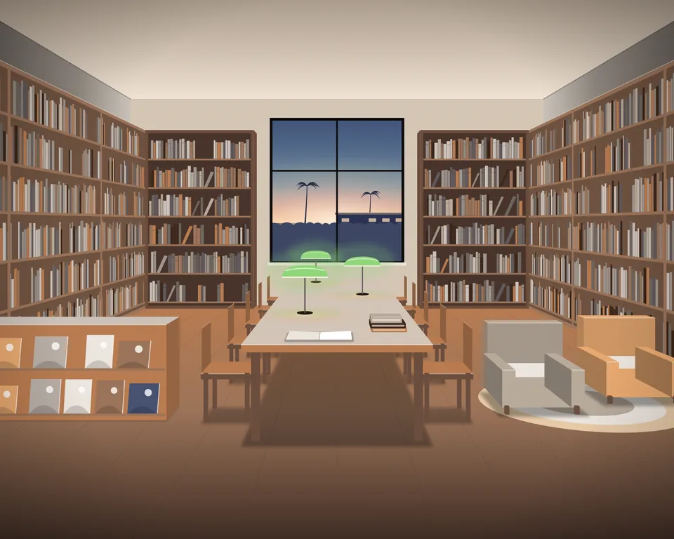 Illustration: an empty school library at dusk, tall shelves of books, a long reading table with small chairs and green-shaded reading lamps, a picture-book display, two small armchairs on a round rug and a tall window onto the evening sky
