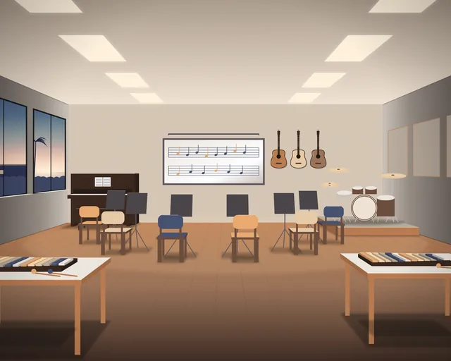 Illustration: an empty school music room at dusk, small chairs in a semicircle with music stands, two glockenspiels on low tables, an upright piano, guitars on the wall, a drum kit in the corner and a whiteboard with music staves