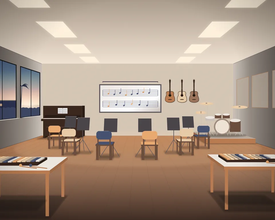 Illustration: an empty school music room at dusk, small chairs in a semicircle with music stands, two glockenspiels on low tables, an upright piano, guitars on the wall, a drum kit in the corner and a whiteboard with music staves